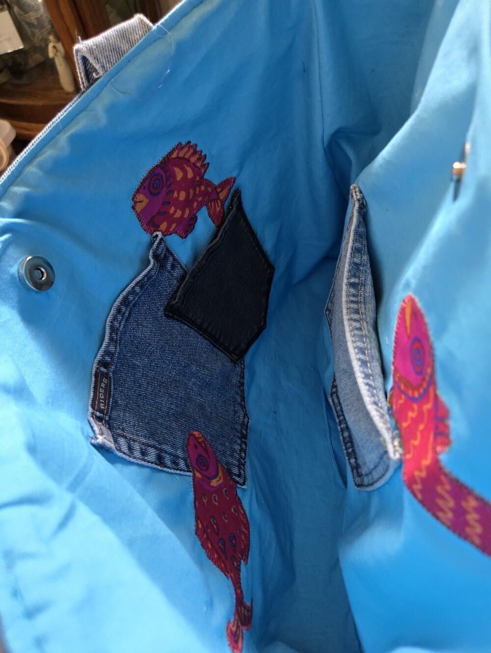 Denim Patchwork Tote Bag with Bright Blue Lining - Picture 6 of 7